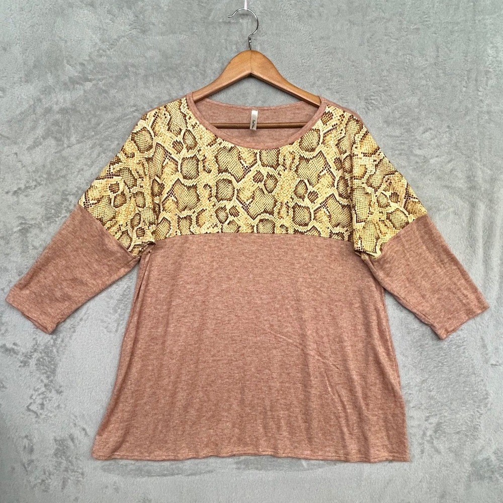 Cool Melon Tunic Top 2X Snakeskin Colorblock 3/4 Sleeve Fun Dopamine Dressing